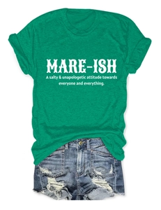 Detail of green cotton T-shirt with MARE-ISH print and distressed denim shorts