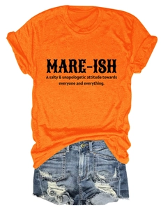 Detail of orange cotton T-shirt with MARE-ISH typography and frayed denim shorts