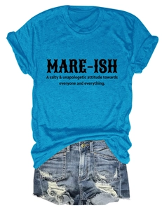 Detail of blue cotton T-shirt with MARE-ISH print and distressed denim shorts
