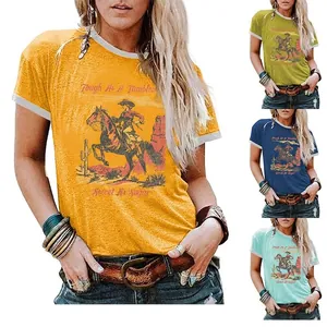 Women Vintage Western Cowboy Graphic Ringer T-Shirt Cotton Blend Short Sleeve Crew Neck Contrast Trim Retro Casual Top