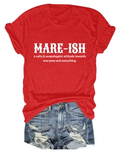 Detail of red crew neck cotton T-shirt with MARE-ISH print and denim shorts outfit