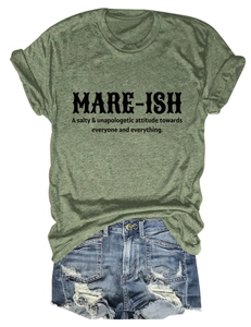 Flat lay of Army Green Mare-ish letter print T-shirt with vintage denim shorts set