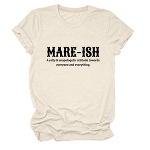 Detail of crew neck t-shirt with black MARE-ISH typography on cream cotton fabric