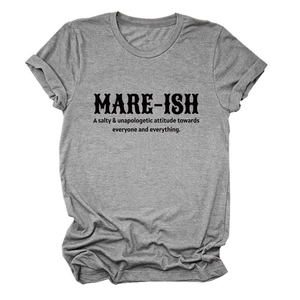 Detailed view of gray crew neck T-shirt fabric with MARE-ISH letter print and motto