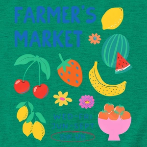 Detail of colorful fruit print and Farmer's Market text on dark green cotton T-shirt