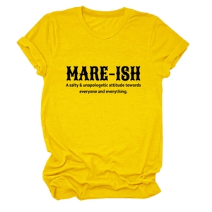 Close-up of yellow round neck cotton T-shirt featuring MARE-ISH black slogan print