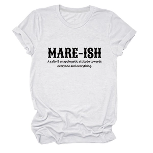Close-up of MARE-ISH slogan print on white cotton crew neck short sleeve t-shirt