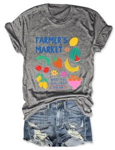 Close-up of fruit graphics and Farmer's Market print on a heather grey cotton t-shirt