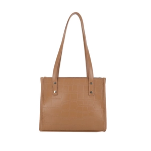 Brown faux crocodile leather tote bag with double shoulder straps and rivet detail