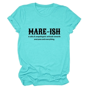 Detail of the soft cotton fabric and MARE-ISH graphic print on the light blue t-shirt
