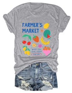 Flat lay of gray cotton t-shirt with farmer's market fruit print and denim shorts