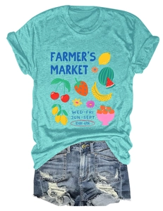 Detail view of cotton t-shirt with Farmer's Market fruit print and denim shorts