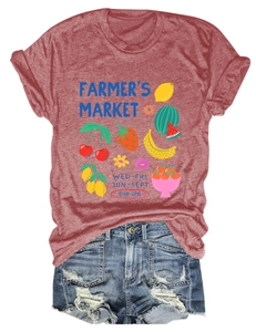 Detailed flat lay of casual cotton t-shirt with farmer's market fruit graphic print