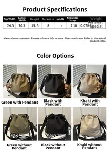 Tabella taglie dettagliata e opzioni colore per questa borsa a secchiello in nylon