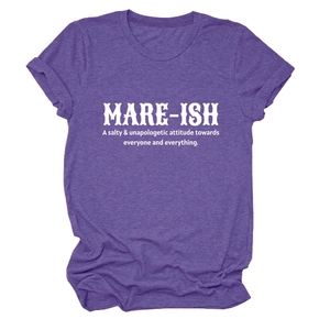 Detail of purple heather crewneck T-shirt showing MARE-ISH white printed text and fabric texture