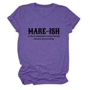 Close-up of MARE-ISH slogan print on purple cotton blend crew neck t-shirt detail