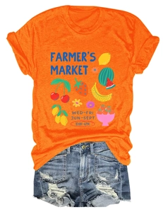 Detail of orange cotton T-shirt featuring vintage Farmer's Market fruit graphic print