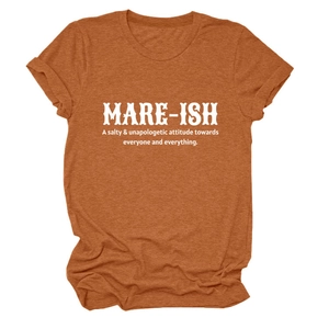 Close-up of burnt orange crew neck tee showing marled texture and white mare-ish print