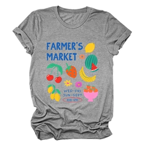 Detail of grey crewneck T-shirt with Farmer's Market fruit graphic and retro typography