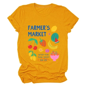 Detail of mustard yellow t-shirt with retro fruit graphic and Farmer's Market print