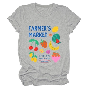 Detailed view of colorful fruit market graphic print on a grey cotton t-shirt
