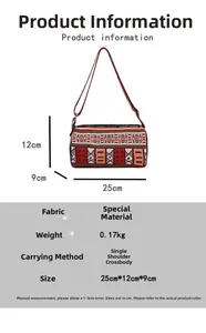 Détails du sac seau ethnique avec broderie géométrique et dimensions du produit incluses