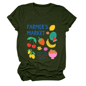 Detail of soft dark green cotton t-shirt with colorful fruit market graphic print