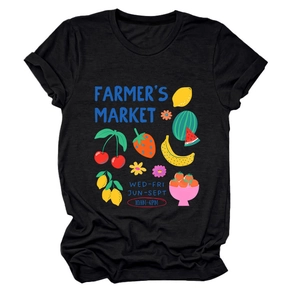 Detail of black cotton T-shirt featuring colorful Farmer's Market fruit graphic print
