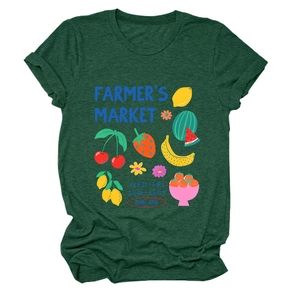 Close-up of fruit print and Farmer's Market text on dark green cotton T-shirt