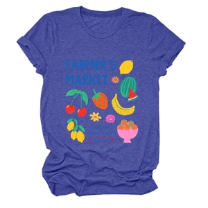 Detail of colorful Farmer's Market fruit print on navy blue crew neck cotton t-shirt