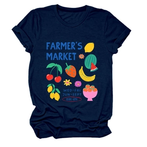 Detailed close-up of fruit market graphic print on navy blue cotton crewneck T-shirt