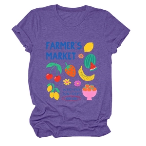 Detail of purple cotton blend T-shirt fabric texture and colorful farmer's market print
