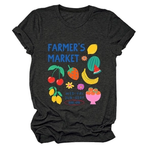 Detail of dark grey crew neck t-shirt with colorful farmer's market fruit print and rolled sleeves