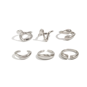 6-piece minimalist silver irregular geometric ring set with liquid lava and spiral designs