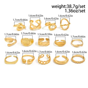 Size chart for 14-piece geometric gold ring set showing inner diameters and weight info