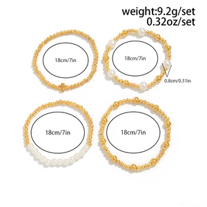 Detail view of 4pcs gold and pearl beaded bracelet set with 18cm circumference size specs
