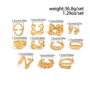Size chart showing diameter and weight for 11-piece gold geometric ring set