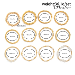 Detailed size map of gold beaded bracelet set with pearls and metal disks specs
