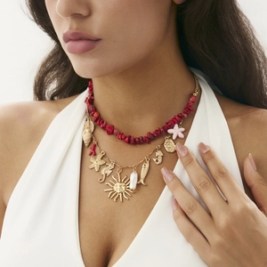 Collana A Strati Boemia Tema Oceano Stella Marina Sole Lega Pietra Rossa Perla Artificial Imitazione Gioielli Per Donna