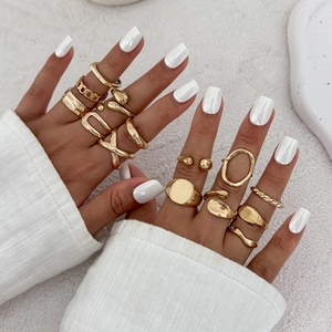 12-piece gold geometric ring set featuring minimalist and irregular designs for women