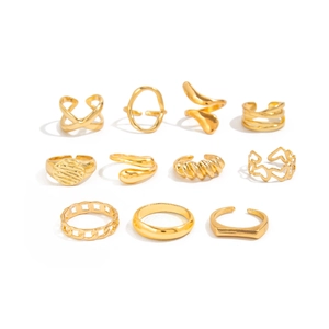 11-piece set of gold geometric rings featuring minimalist hollow heart and twist designs