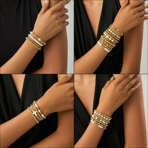 Multi Layer Stackable Bracelet Imitation Artificial Pearl And CCB Beaded Cross Charm Boho Elegant Fashion Jewelry For Women