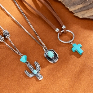 Boho-Halsketten-Set mit Türkis-Anhänger, Retro-Silber-Kaktus und Kreuz-Anhängern