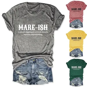 Women T-Shirt MARE-ISH Letter Print Round Neck Short Sleeve Cotton Blend Casual Loose Summer Top