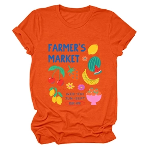 Detail of orange cotton T-shirt featuring Farmer's Market colorful fruit graphics