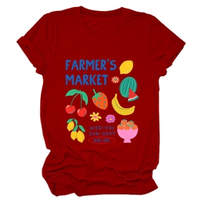 Detail of colorful fruit print and Farmer's Market text on red cotton crewneck t-shirt