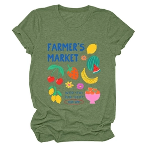 Detailed view of farmer's market fruit graphics on a green heather crew neck t-shirt