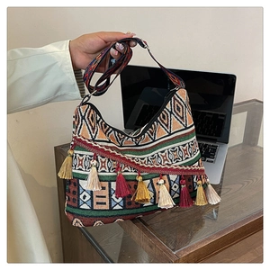 Detailed view of bohemian tote bag with colorful geometric patterns and decorative tassels