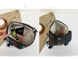 Internal view of ethnic woven tote showing spacious main compartment with tassels