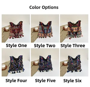 Showcase of six bohemian fringe tote bags in various ethnic woven geometric patterns
